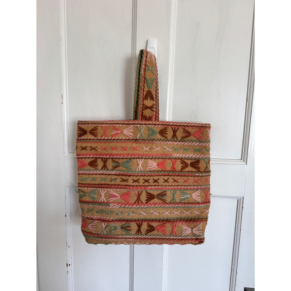 Vintage embroidered burlap single strap tote bag
